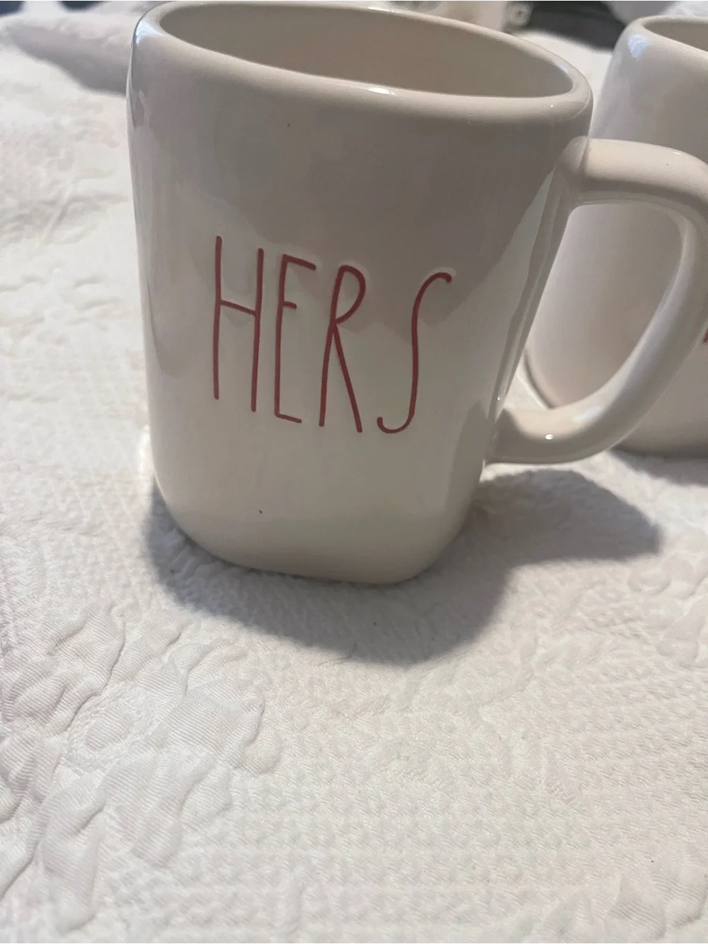 Rae Dunn White Ceramic Mug Set with Black Stamp His&Hers in red almost 5” High